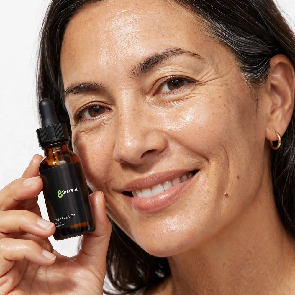A smiling woman holding an 8thereal Rose Gold Facial Oil bottle, showcasing radiant and nourished skin.