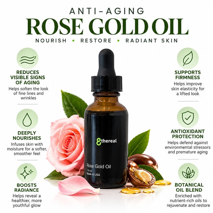 8thereal Anti-Aging Rose Gold Facial Oil bottle with dropper, surrounded by a pink rose and botanical ingredients.