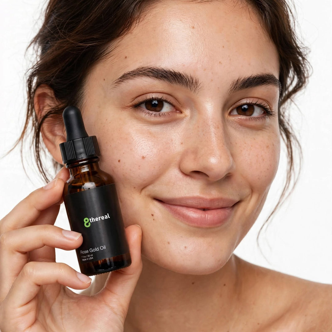 8thereal Anti-Aging Rose Gold Facial Oil held by a smiling woman with glowing, hydrated skin.