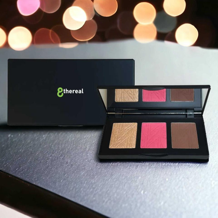 8thereal All-in-One Sculpt & Glow Pro Cheek Palette featuring a highlighter, blush, and contour powder in a compact.