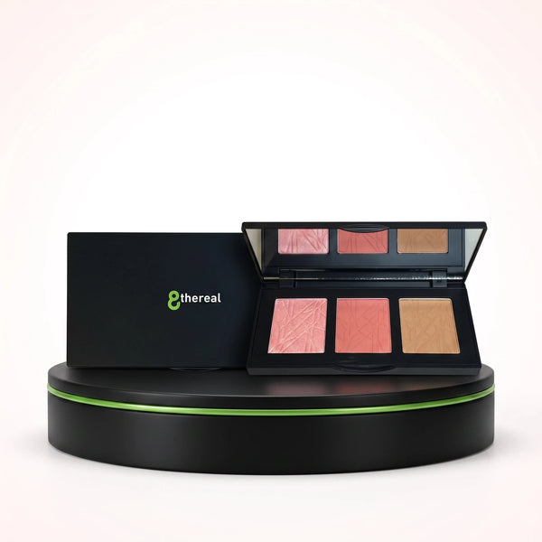 8thereal All-in-One Sculpt & Glow Pro Cheek Palette featuring a contour, blush, and highlighter in a sleek black compact.