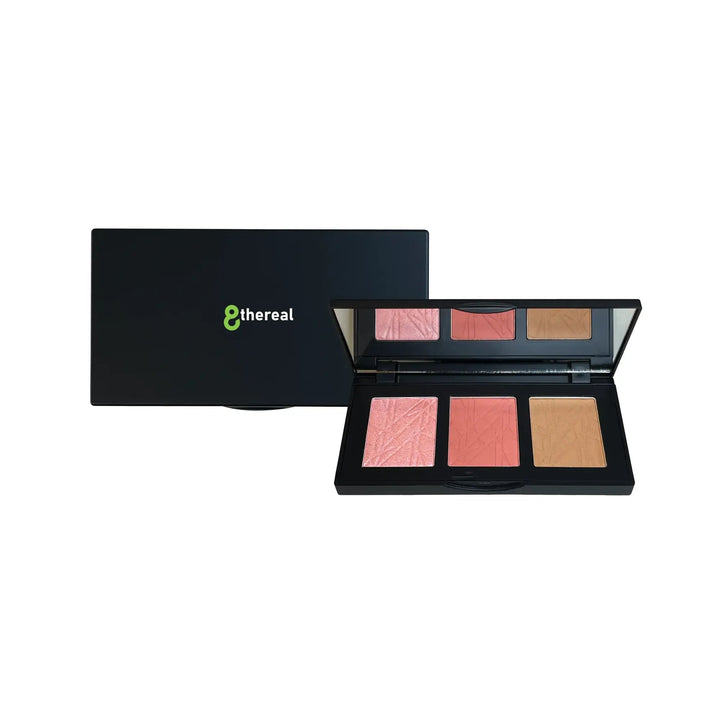 8thereal All-in-One Sculpt & Glow Pro Cheek Palette featuring a highlighter, blush, and contour powder in a compact.