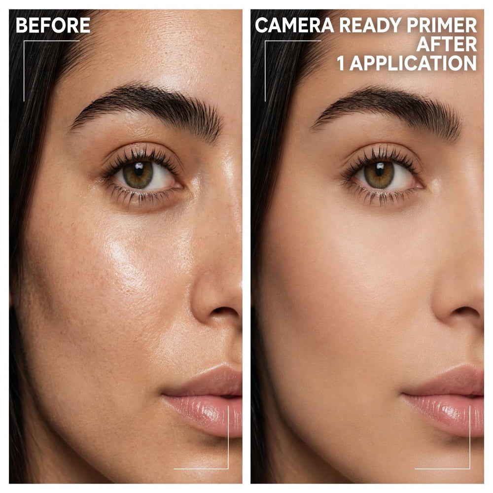 8thereal Camera-Ready Skin Smoothing Face Primer showing a before and after comparison of skin texture and fine lines.