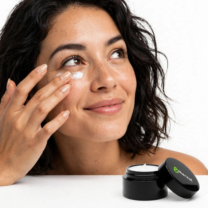 8thereal Smoothing Ageless Eye Cream applied by a woman to her under-eye area for brightening and hydration