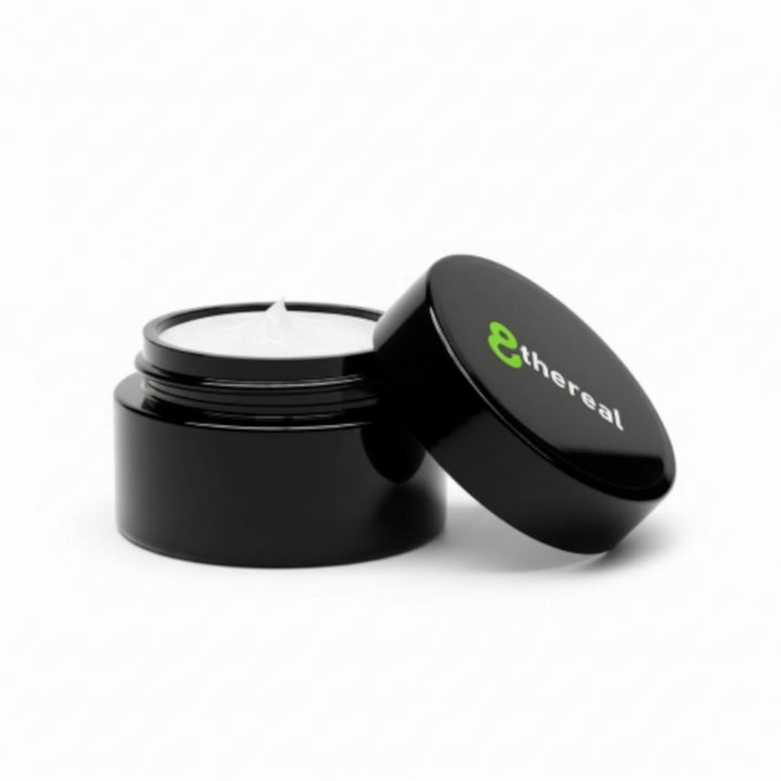 8thereal Smoothing Ageless Eye Cream in a black jar with a white silky formula for brightening and hydration.