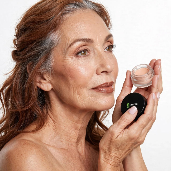 Mature woman holding an 8thereal smoothing eye and lip primer in a small glass jar with a black lid.