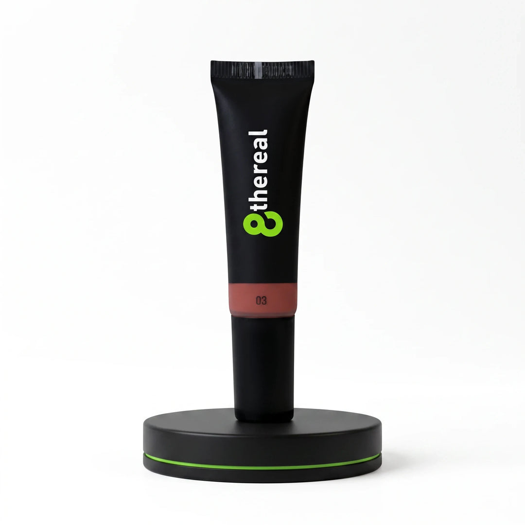 8thereal Soft Flush liquid blush in shade 03, a creamy hydrating formula in a black squeeze tube on a display stand.