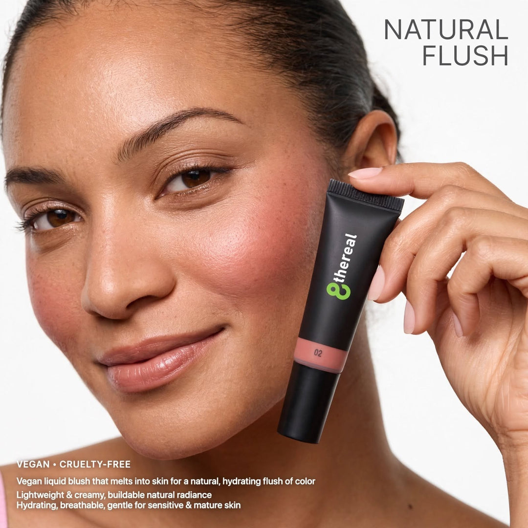 8thereal Soft Flush liquid blush in a tube held by a model with a natural, radiant, and healthy cheek glow.