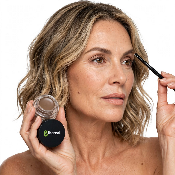 Woman applying 8thereal Soft Sculpt Brow Pomade with a brush to define her eyebrows for a natural matte finish.