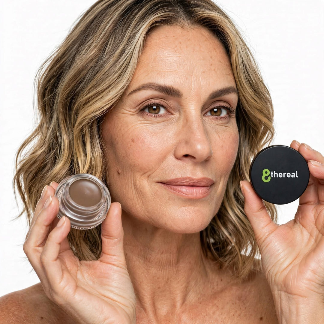 A woman holding an 8thereal Soft Sculpt Brow Pomade jar and lid, showcasing the creamy matte brown brow product.