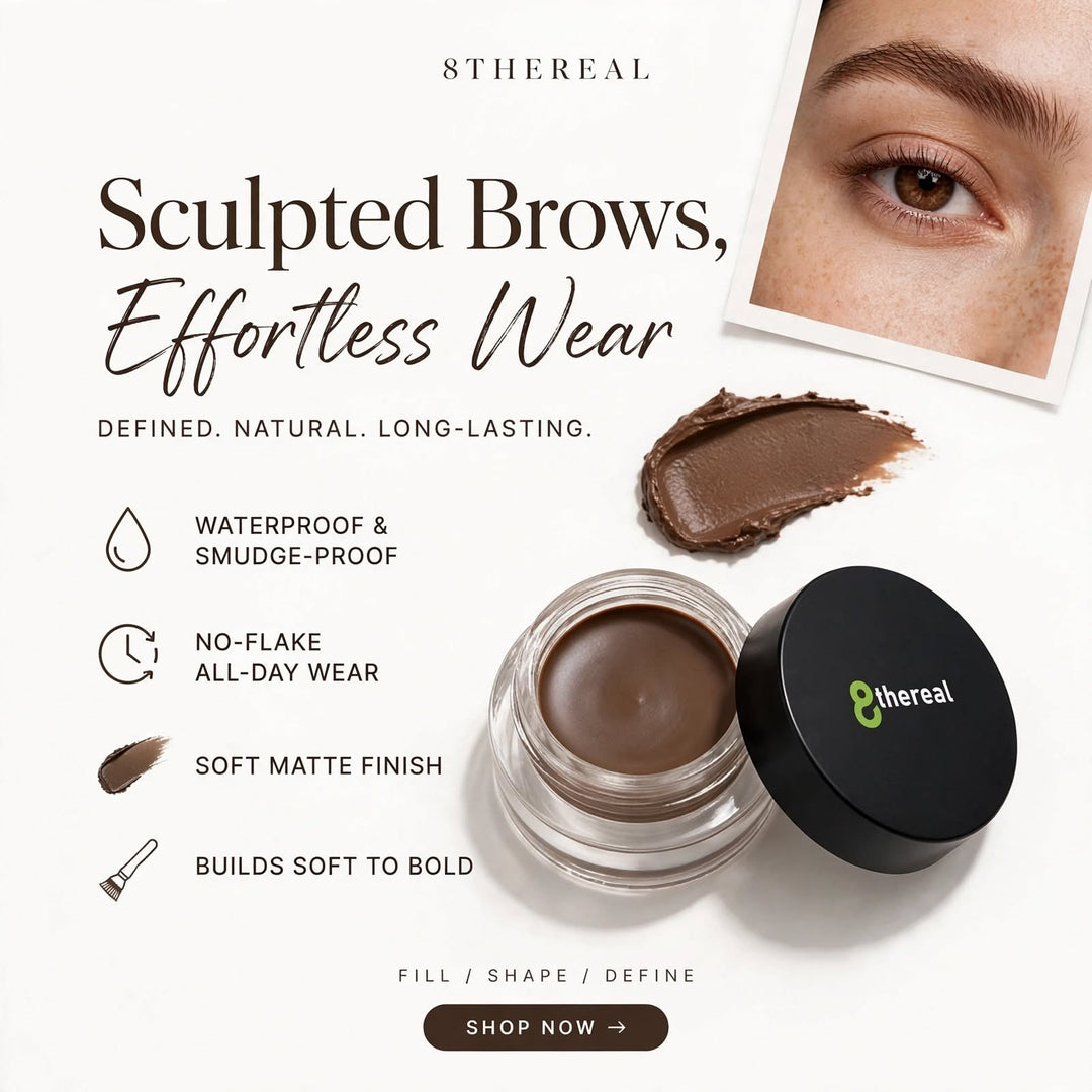 8thereal Soft Sculpt Brow Pomade in a glass jar with a creamy brown texture swatch and a model with defined brows.