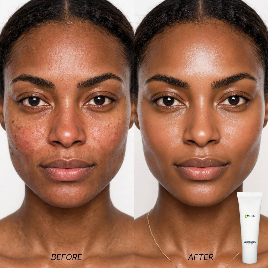 8thereal Soothing Emulsion before and after comparison showing skin hydration, reduced redness, and smoother texture.