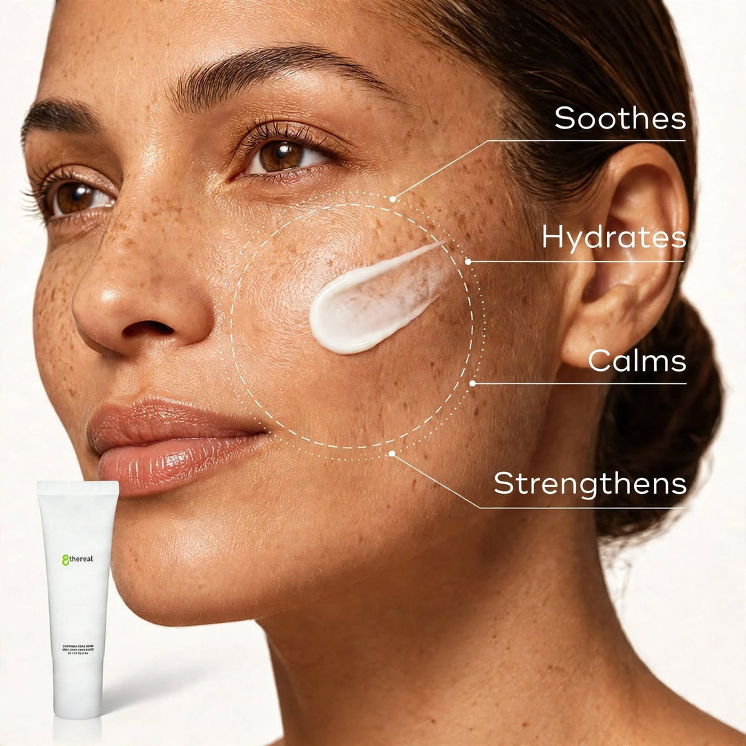 8thereal Soothing Emulsion applied to a woman's cheek, demonstrating its lightweight, creamy texture and benefits.