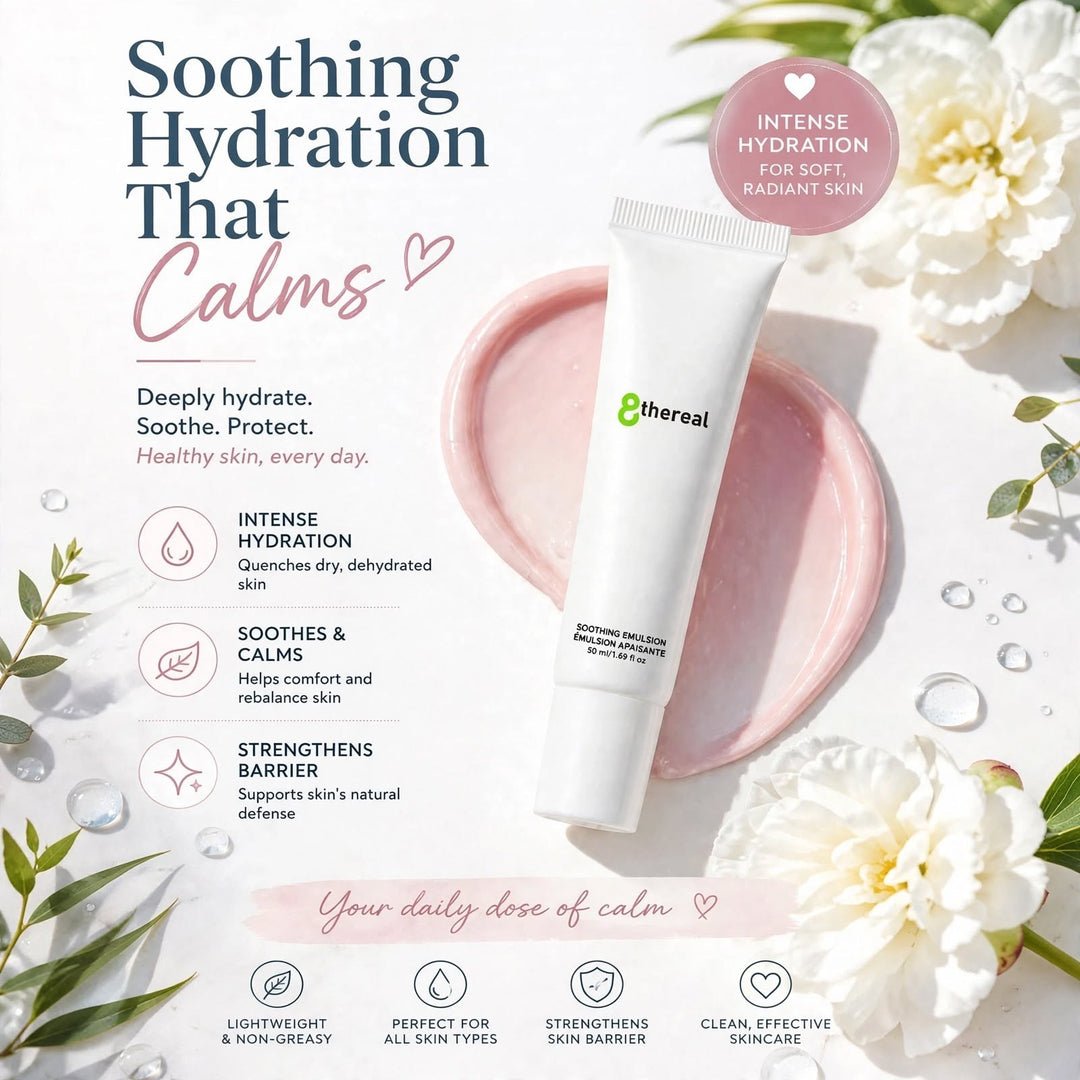 8thereal Soothing Emulsion moisturizer tube with pink cream swatch, surrounded by white flowers and water droplets.