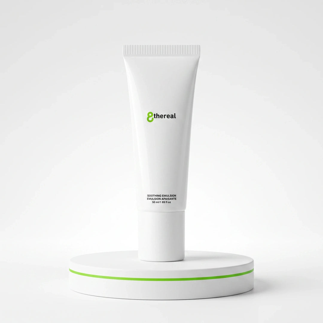 8thereal Soothing Emulsion moisturizer in a white squeeze tube on a white pedestal with a green accent ring.