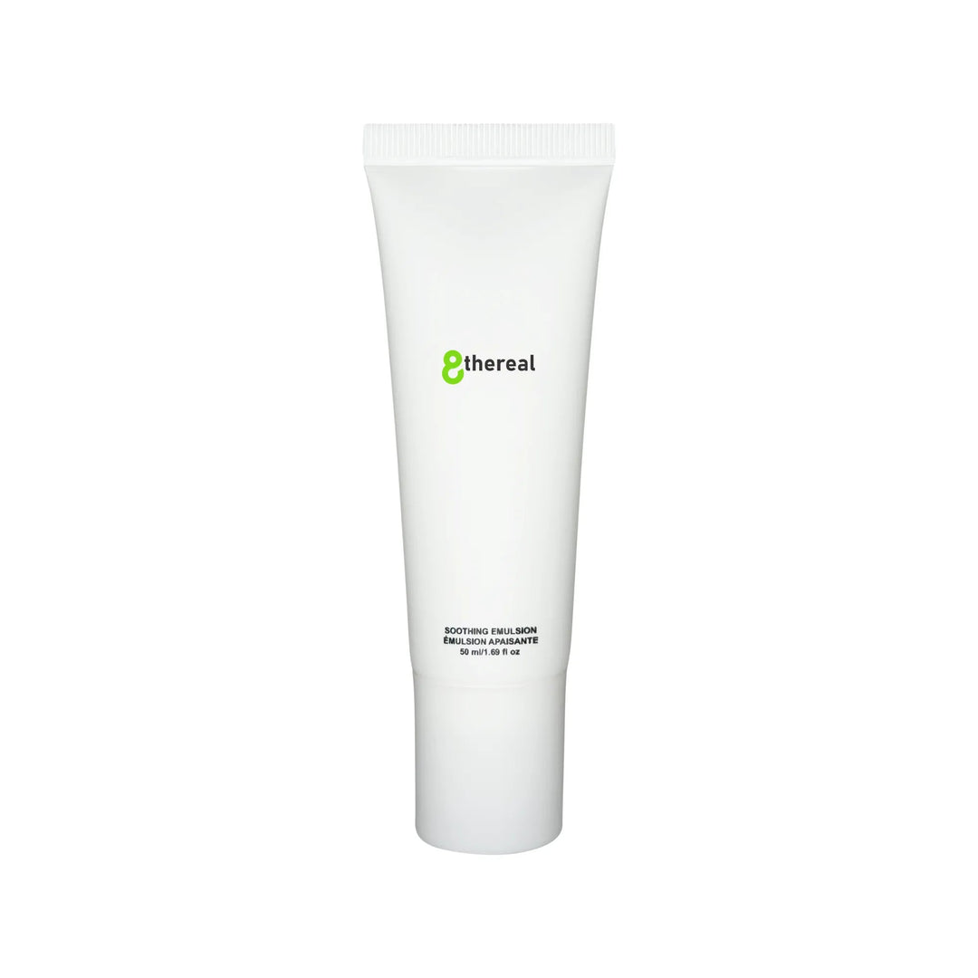 8thereal Soothing Emulsion in a minimalist white 50ml squeeze tube for lightweight facial hydration and barrier support.