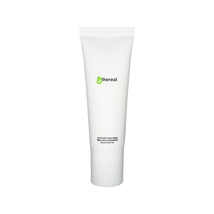 8thereal Soothing Emulsion in a minimalist white 50ml squeeze tube for lightweight facial hydration and barrier support.