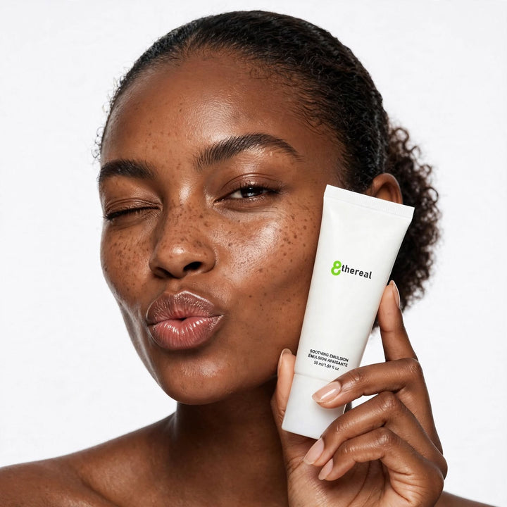 8thereal Soothing Emulsion moisturizer held by a smiling woman with glowing skin, highlighting lightweight hydration.