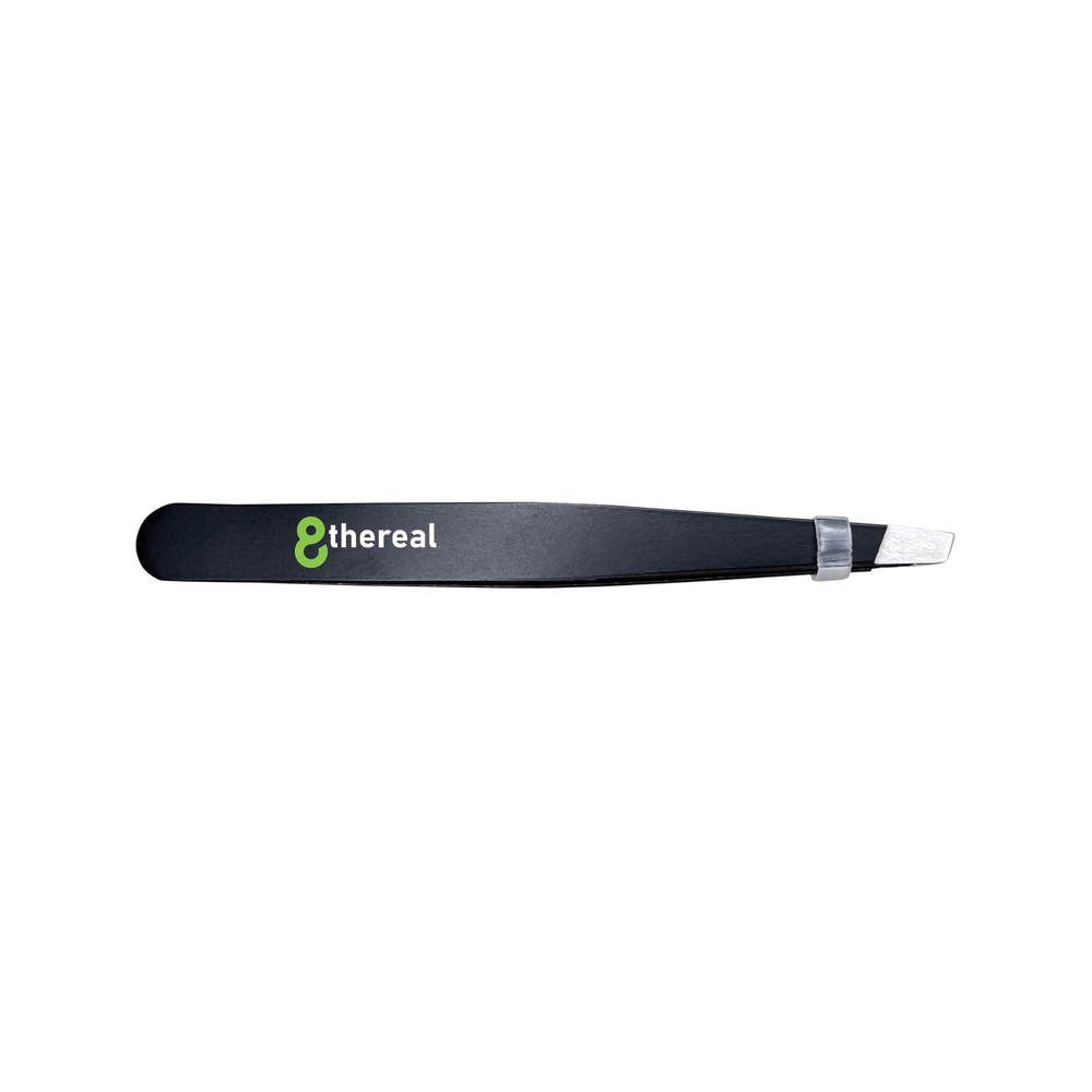 8thereal precision tweezers with slanted stainless steel tips and a black finish for brow and facial hair grooming.