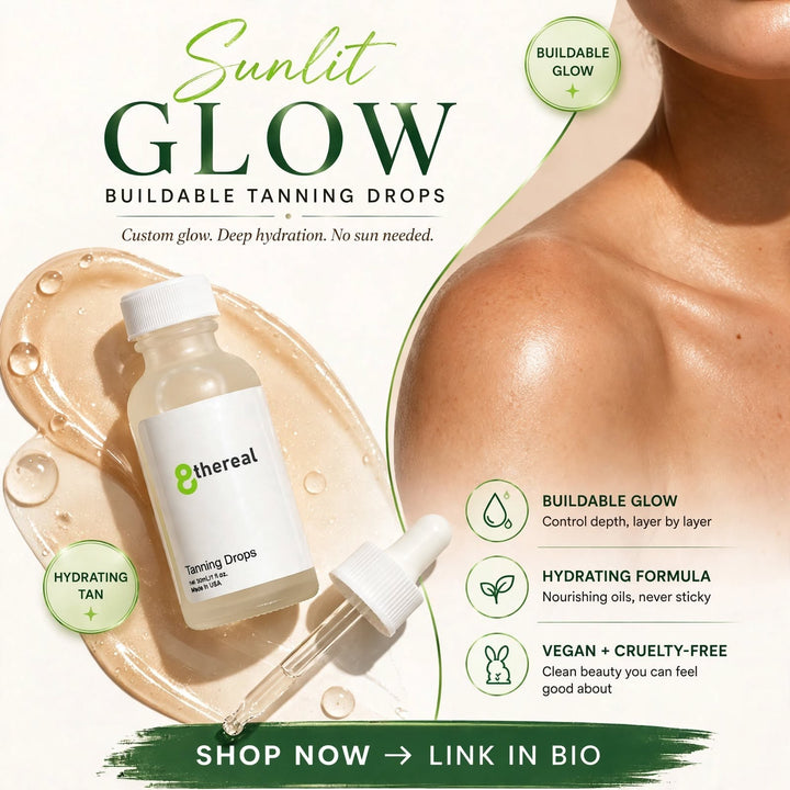 8thereal Sunlit Glow Tanning Drops bottle with dropper, showing a radiant, bronzed skin glow and product benefits.