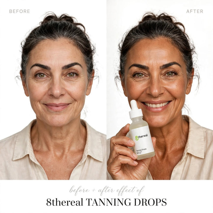 Before and after comparison of a woman using 8thereal Sunlit Glow Tanning Drops for a natural, bronzed skin tone.
