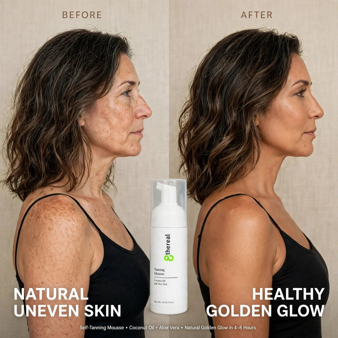 8thereal Tanning Mousse before and after comparison showing a woman with a natural golden sunless tan glow