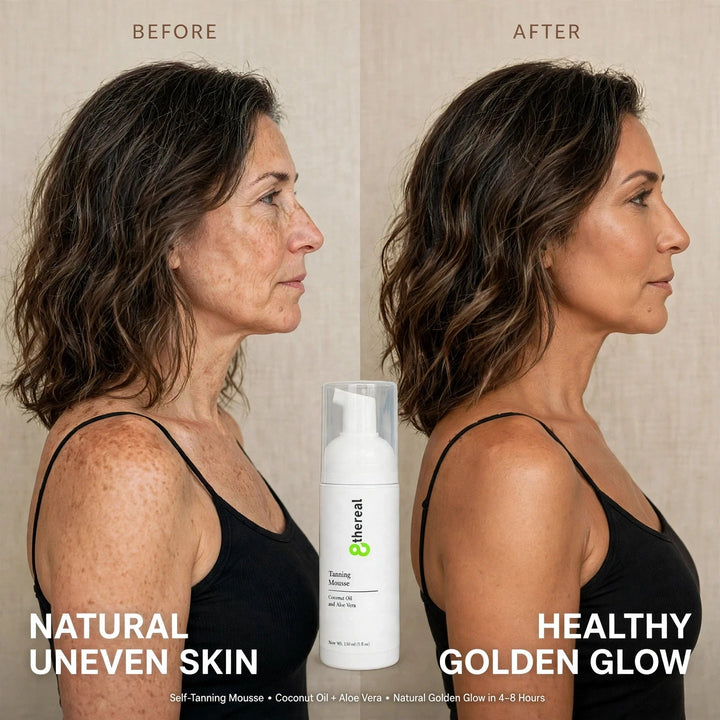 8thereal Tanning Mousse before and after comparison showing a woman with a natural golden sunless tan glow