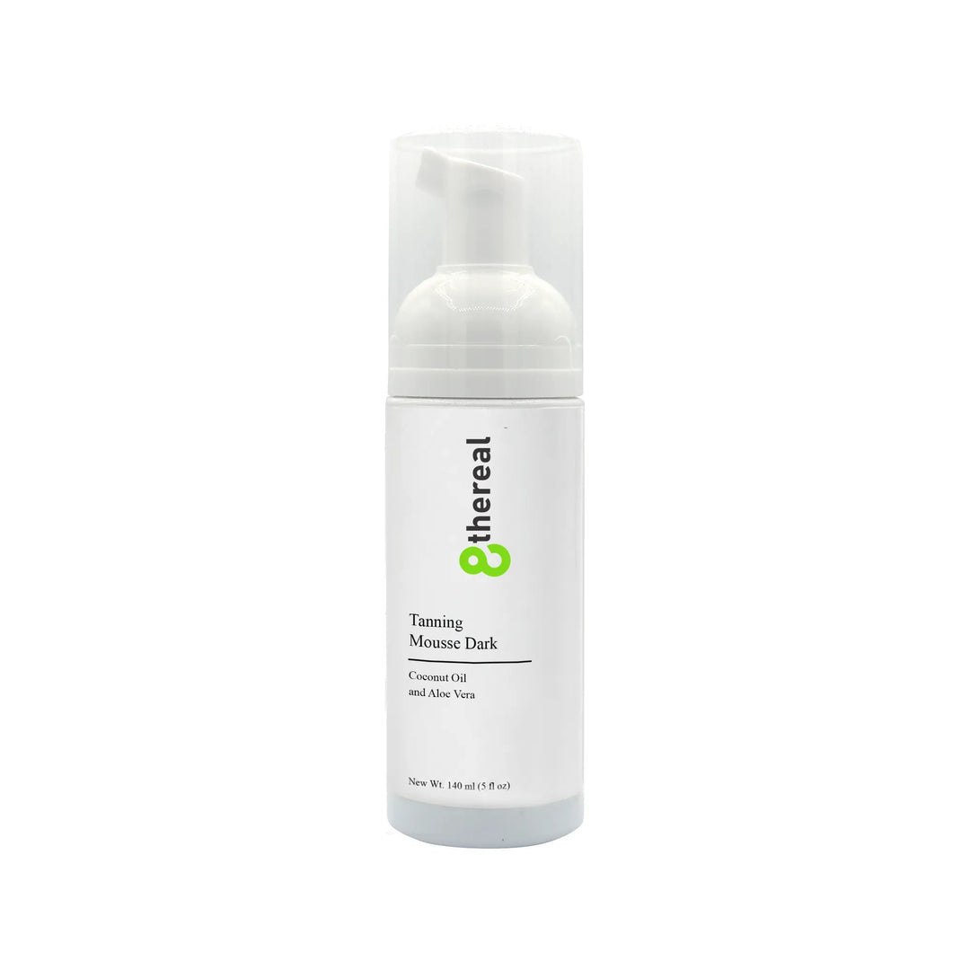 8thereal Tanning Mousse Dark in a white pump bottle, a vegan and cruelty-free self-tanning foam for a bronzed glow.