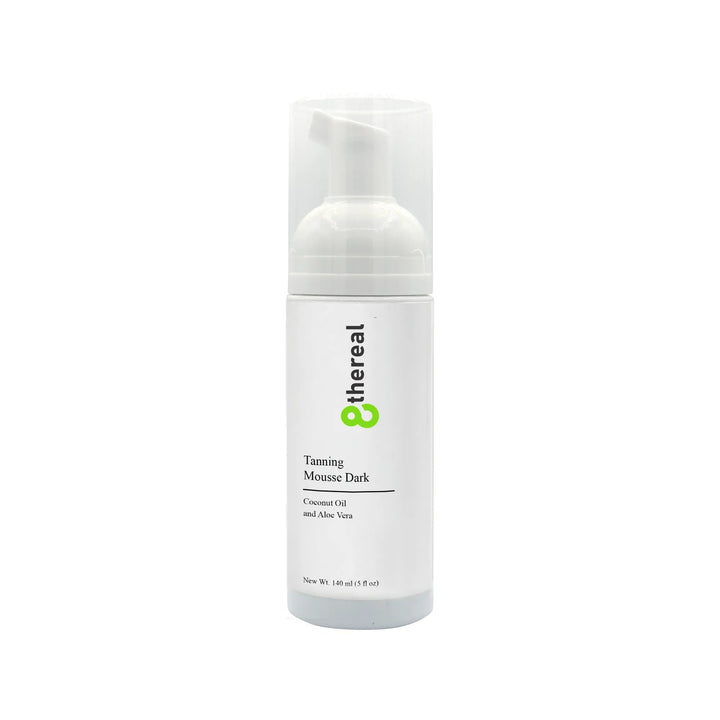 8thereal Tanning Mousse Dark in a white pump bottle, a vegan and cruelty-free self-tanning foam for a bronzed glow.