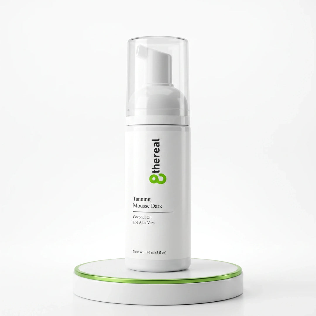 8thereal Tanning Mousse Dark in a white pump bottle on a circular display stand for a natural sunless bronzed glow.