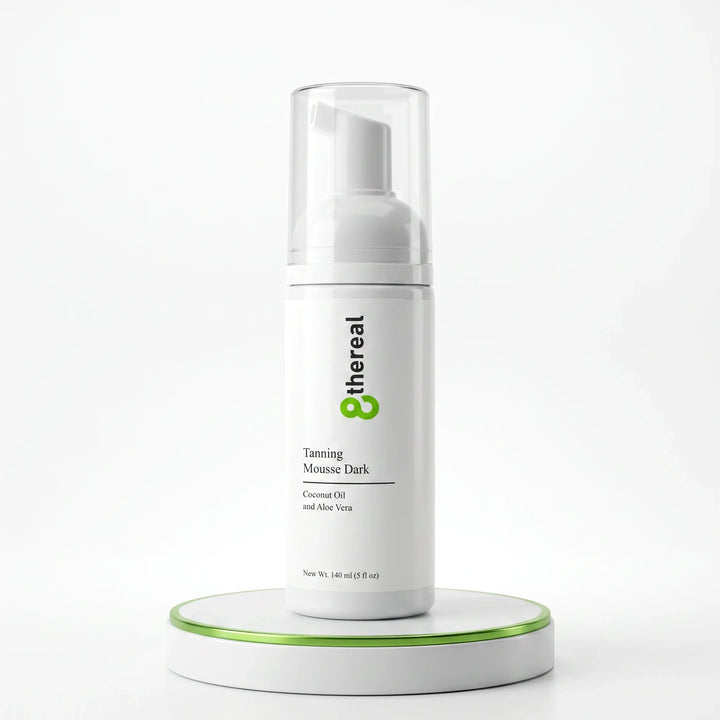 8thereal Tanning Mousse Dark in a white pump bottle on a circular display stand for a natural sunless bronzed glow.