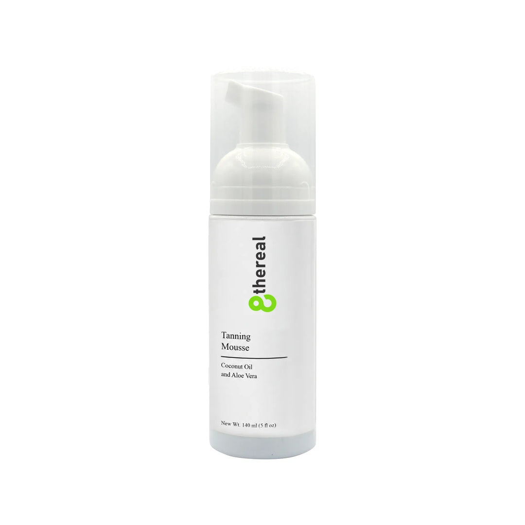 8thereal Tanning Mousse in a white pump bottle, a vegan and cruelty-free sunless tanning foam for a natural bronzed glow.