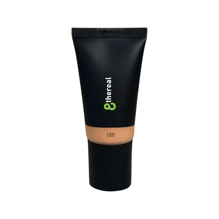 8thereal hydrating tinted moisturizer in shade 120, a lightweight vegan formula in a black squeeze tube.