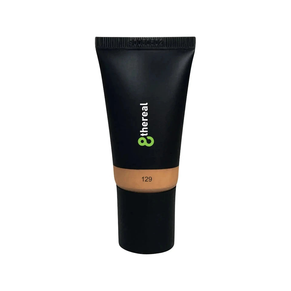 8thereal hydrating tinted moisturizer in shade 129, presented in a sleek black squeeze tube with a natural finish.