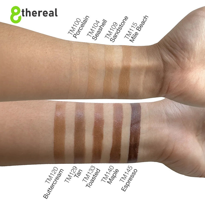 8thereal hydrating tinted moisturizer swatches on skin showing shades from Porcelain to Espresso for sheer coverage.