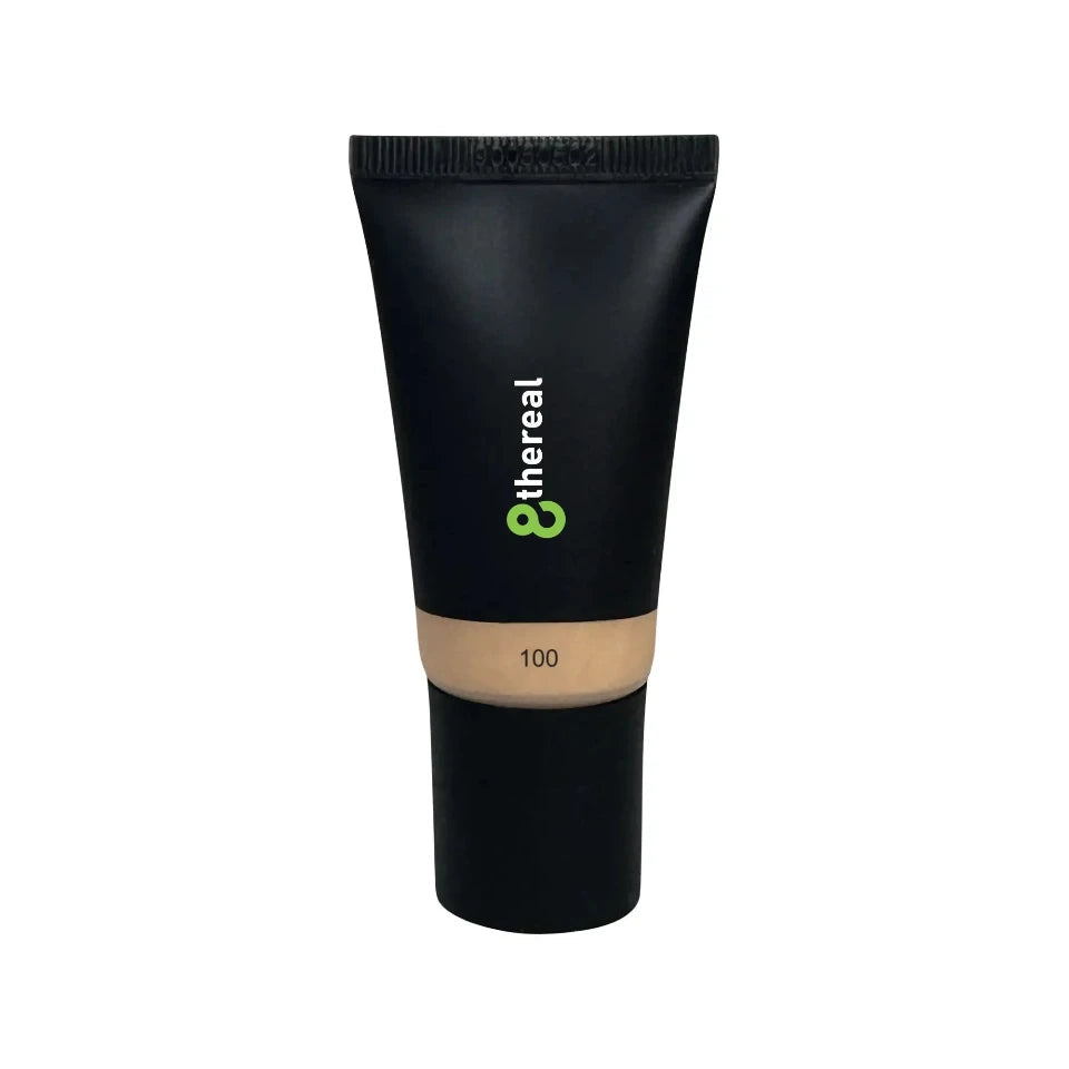 8thereal hydrating tinted moisturizer in shade 100, a lightweight vegan formula in a black squeeze tube.