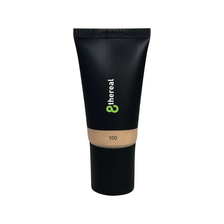 8thereal hydrating tinted moisturizer in shade 100, a lightweight vegan formula in a black squeeze tube.