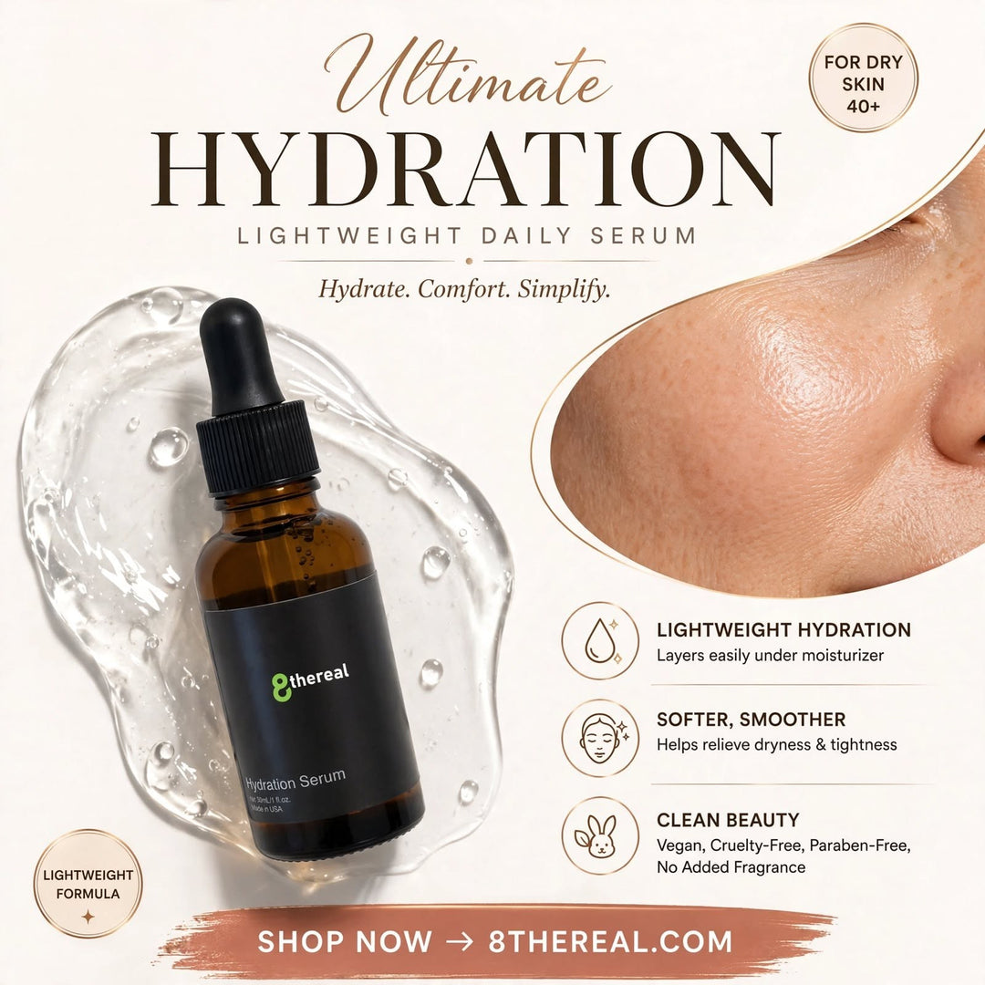 8thereal Ultimate Hydration Serum in an amber glass dropper bottle with clear serum texture and close-up of skin.