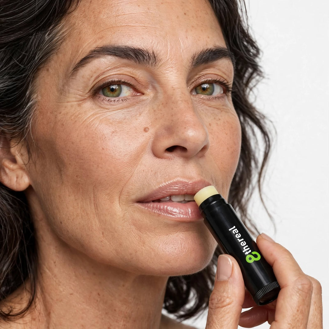 A woman applying 8thereal vegan lip balm to her lips, showcasing a smooth, hydrating, and natural finish.