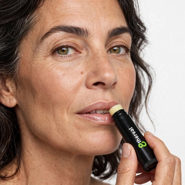 A woman applying 8thereal vegan lip balm to her lips, showcasing a smooth, hydrating, and natural finish.