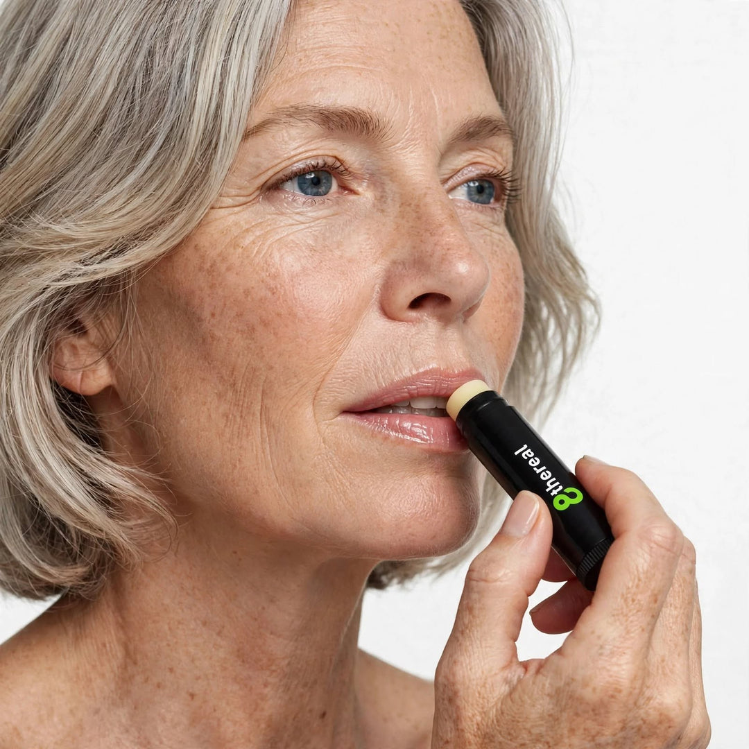 Mature woman applying 8thereal vegan lip balm to her lips for deep hydration and daily comfort.