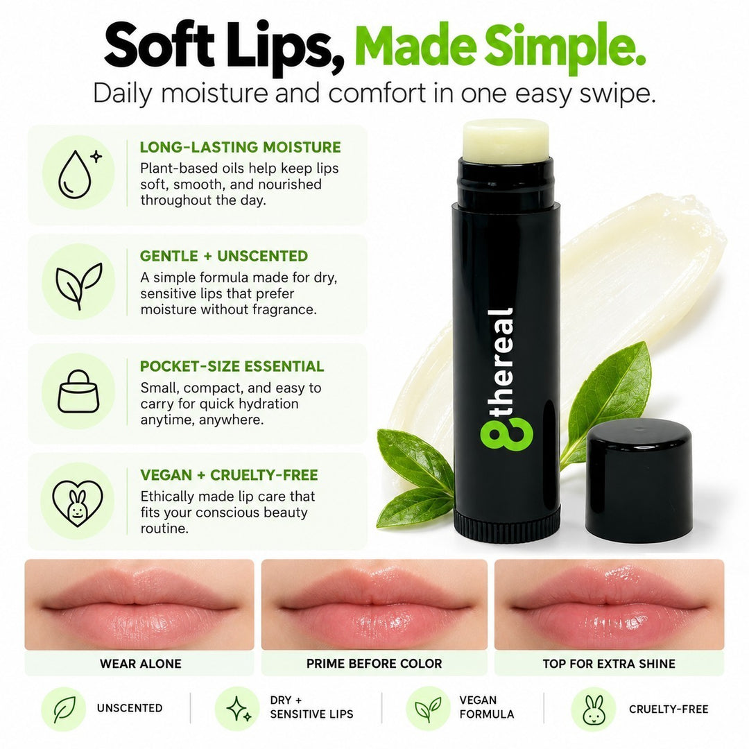 8thereal vegan lip balm in a black tube with botanical ingredients, showing application results for soft hydrated lips.
