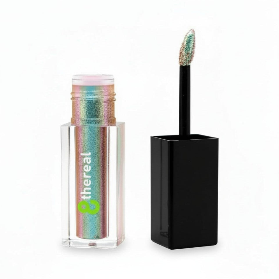 Liquid Shimmer with colorful packaging and black applicator on a white background