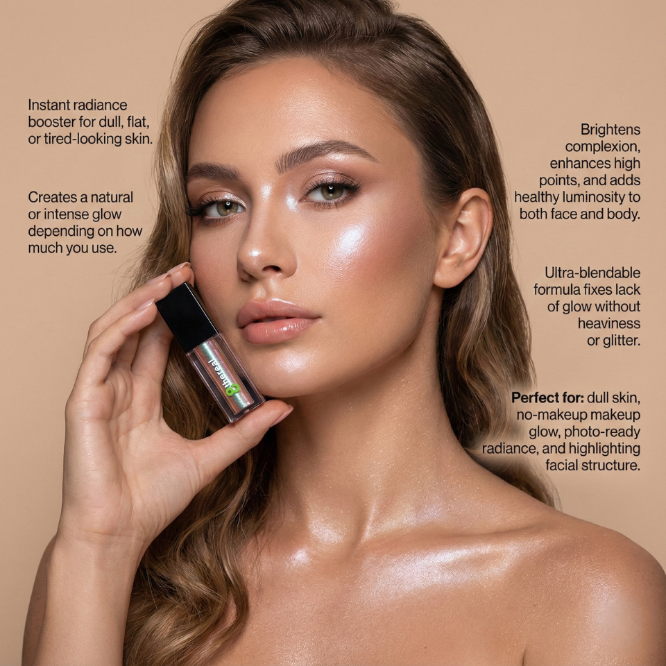 Woman holding a cosmetic product with text about its benefits on a beige background