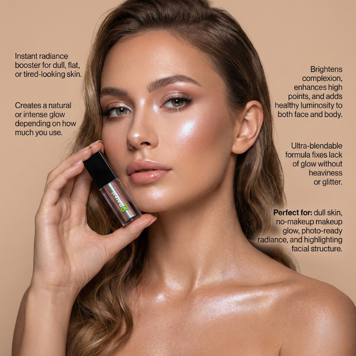 Woman holding a cosmetic product with text about its benefits on a beige background