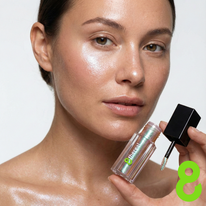 Woman holding a cosmetic product with a visible brand logo on a plain background