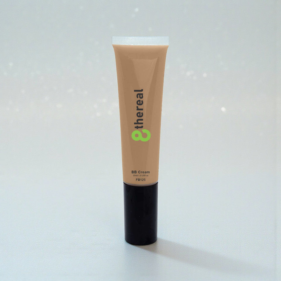Tube of BB cream with '8thereal' branding on a light gray background