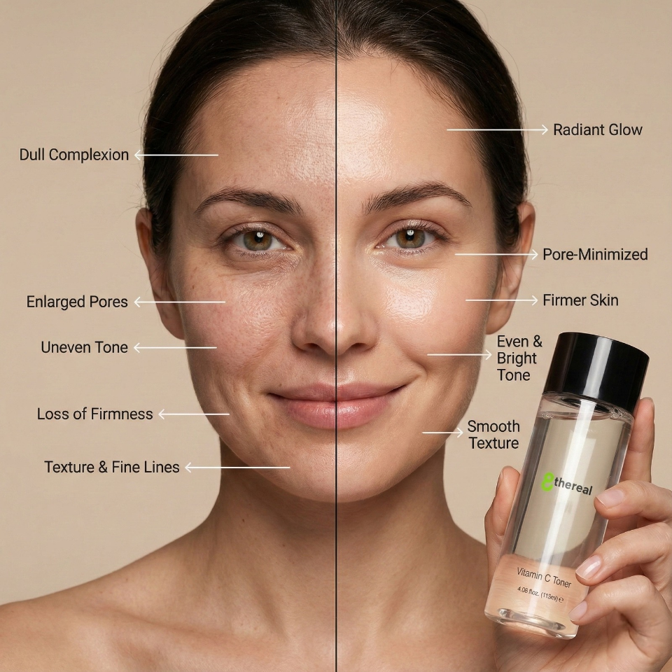 Before and after comparison of skin improvements with a bottle of skincare product labeled '8thereal'.