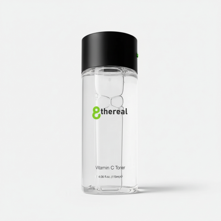 Clear bottle with black cap labeled '8thereal' on a white background