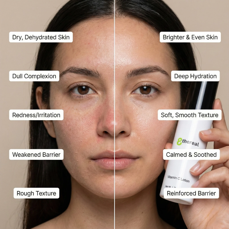 Before and after comparison of a woman's face with text labels on skin conditions and a bottle of '8thereal' Vitamin C Lotion.